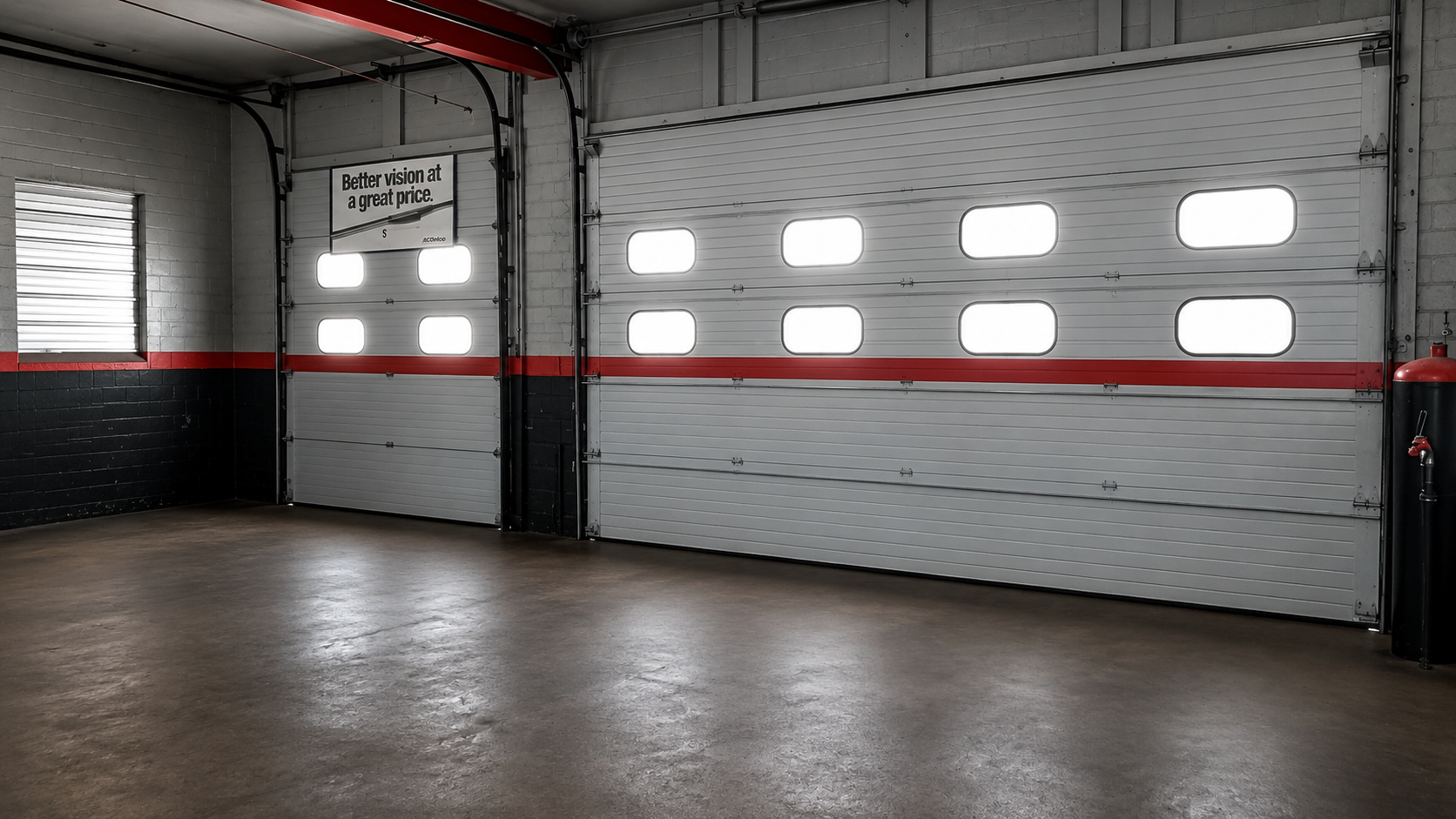 Main shop bay with overhead door